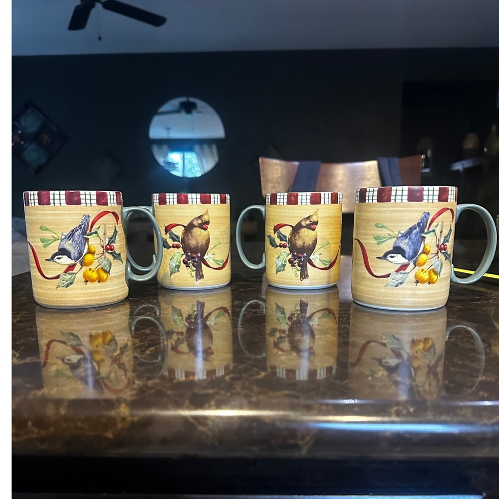 Set of 4 Lenox Winter Greetings Cardinal Coffee Mug Cups--RETIRED 1999 New